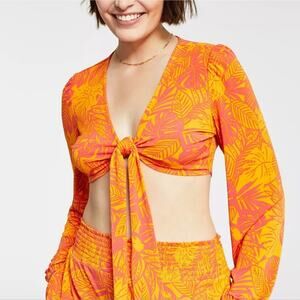 BAR III Women's Orange Printed V-Neck Tie-Front Top Size M
